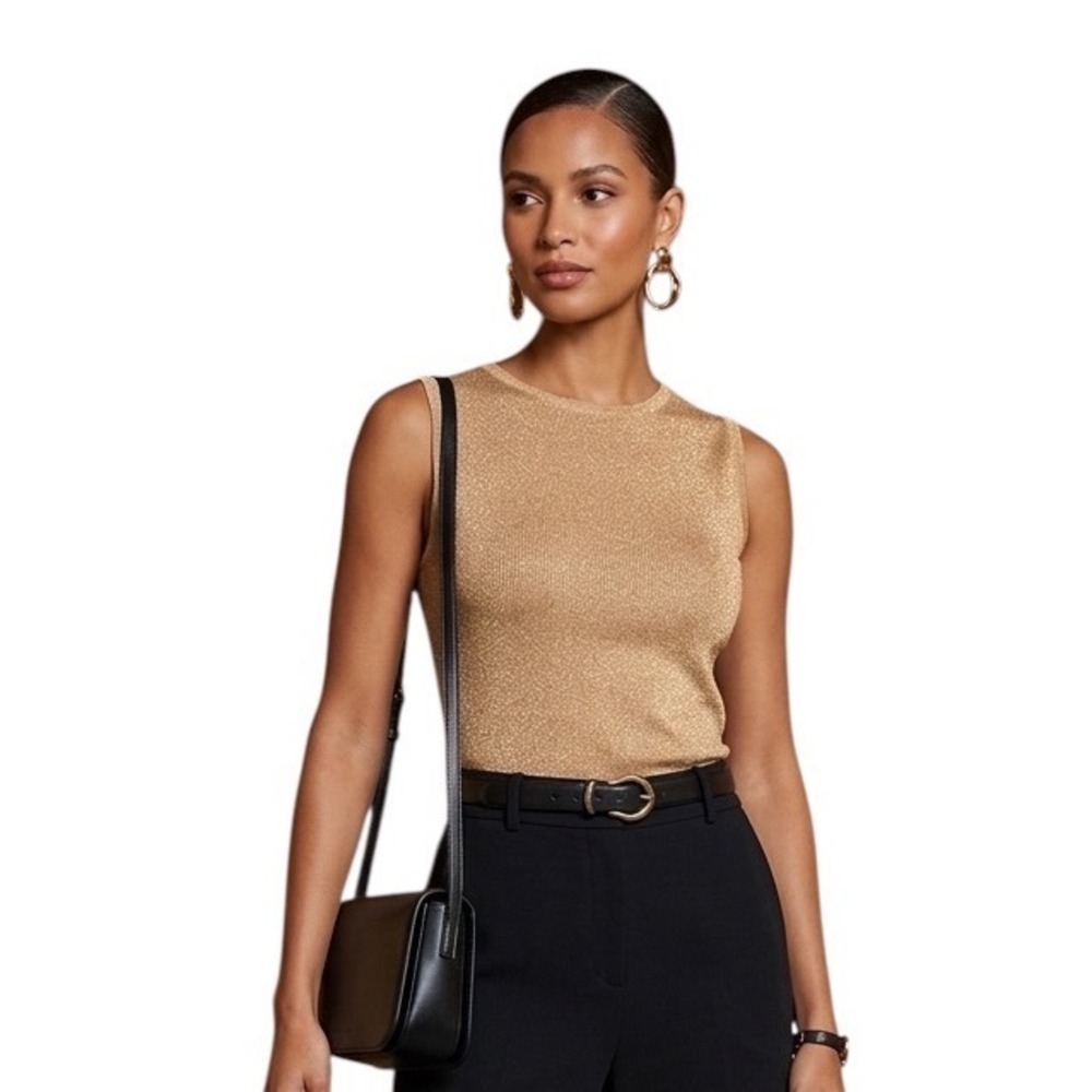 Joseph A. Gold Silk Blend Metallic Sleeveless Knit Shell Crew Neck Top Medium
